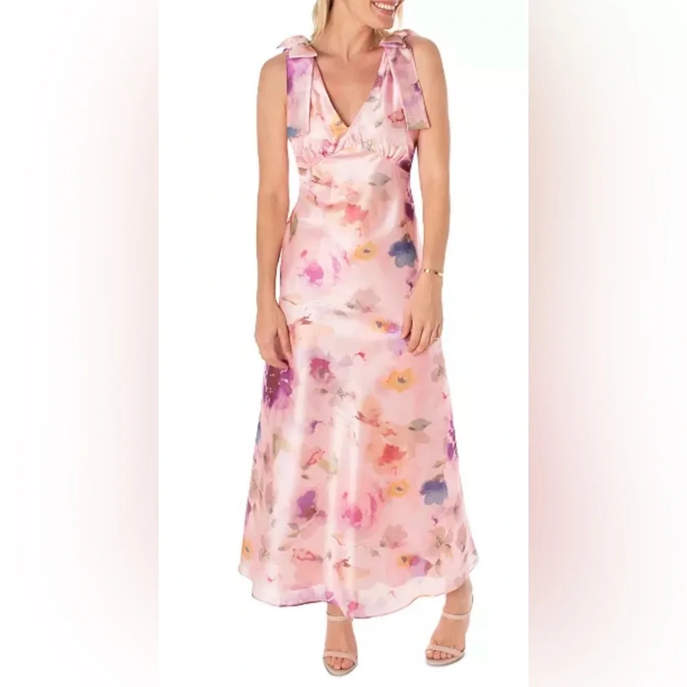Maison Tara V Neck Pink Watercolor Floral Maxi Dress with Bow Straps size 6 $148 - Picture 4 of 16